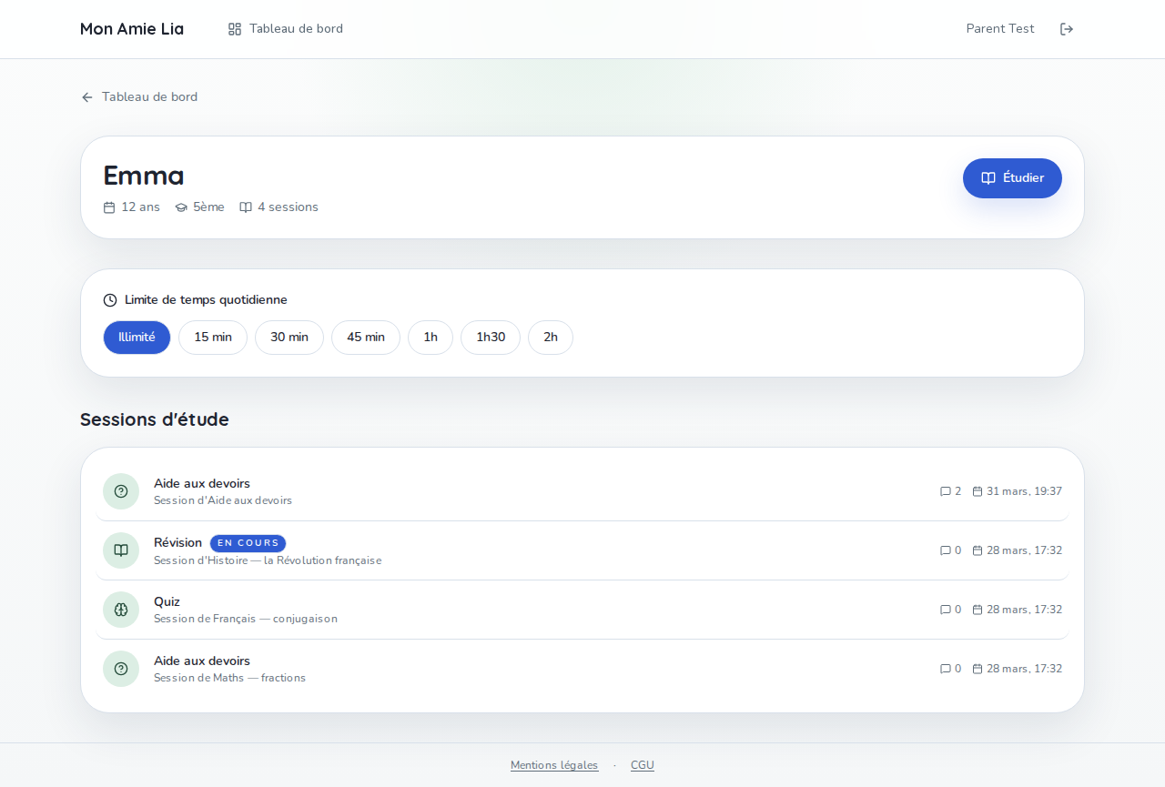 Mon Amie Lia — parent dashboard with session summaries