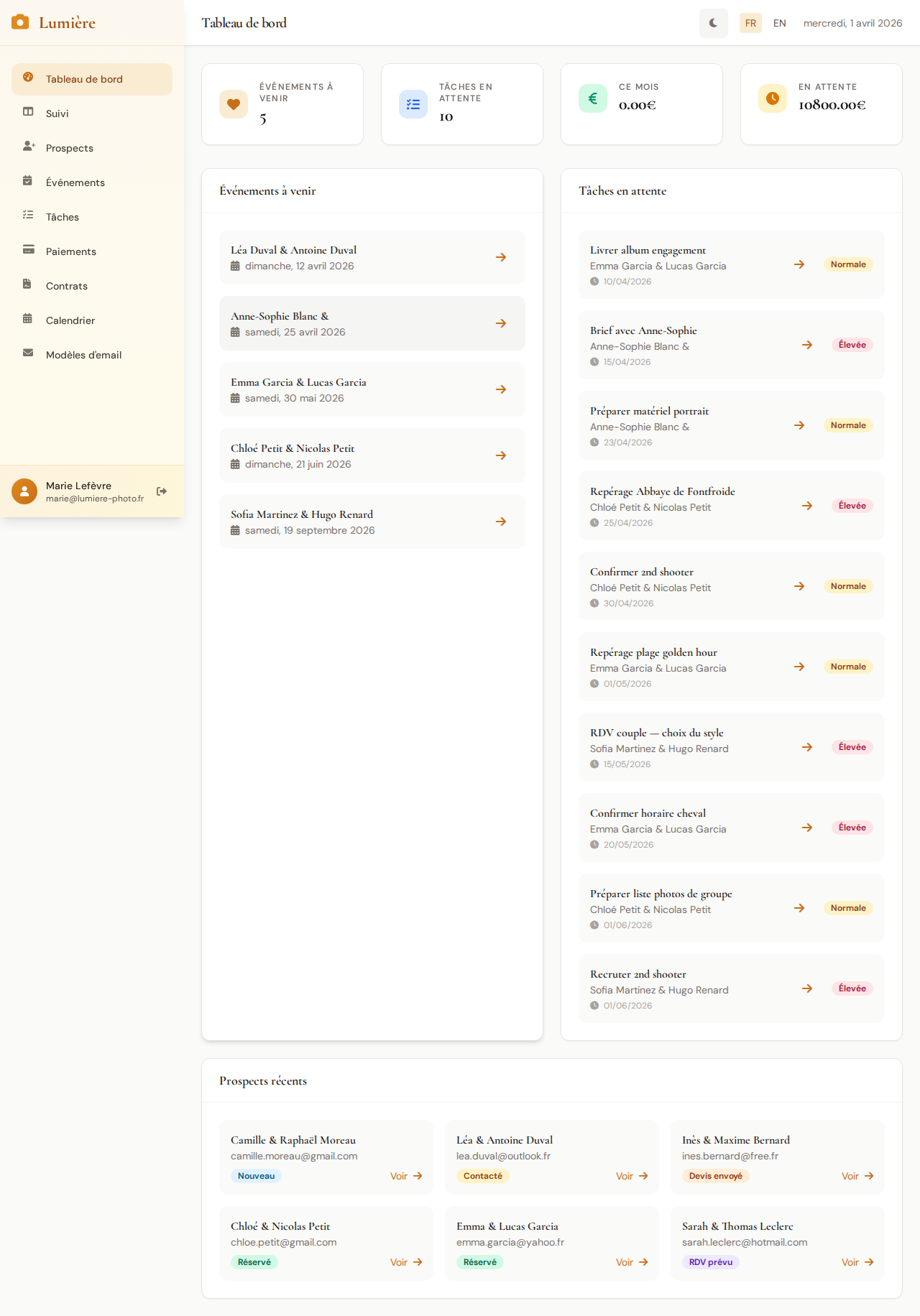 Lumière — Kanban pipeline for photographer CRM