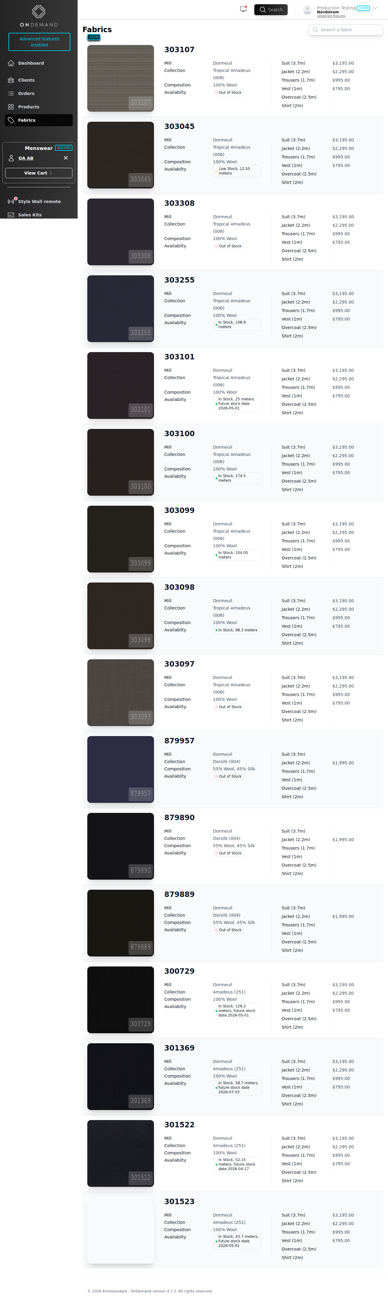 On Demand Platform — fabric catalog with pricing